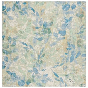 Barbados Blue/Ivory 7 ft. x 7 ft. Square Abstract Leaf Indoor/Outdoor Area Rug