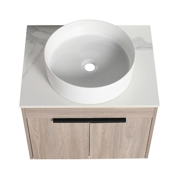 Unbranded 23.6 in. W x 18.9 in. D x 23 in. H Floating Bath Vanity in White Oak with White Sintered Stone Top and Ceramic Sink