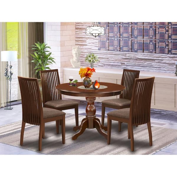 East West Furniture 5-Piece Mahogany Finish Solid Wood Top Dining table with 4 Chairs with Slat Back