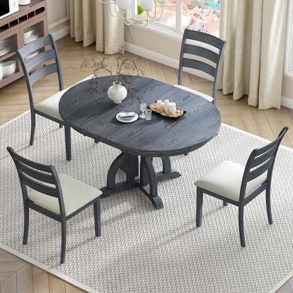 Harper & Bright Designs 5-Piece Black Wood Top Extendable Round Dining Table Set with 15.8 in. Removable Leaf, 4 Linen Upholstered Chairs
