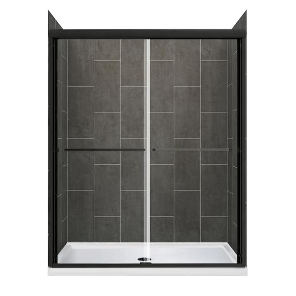 Cove Sliding 48 in. L x 34 in. W x 78 in. H Center Drain Alcove Shower Stall Kit in Slate Grey and Matte Black Hardware
