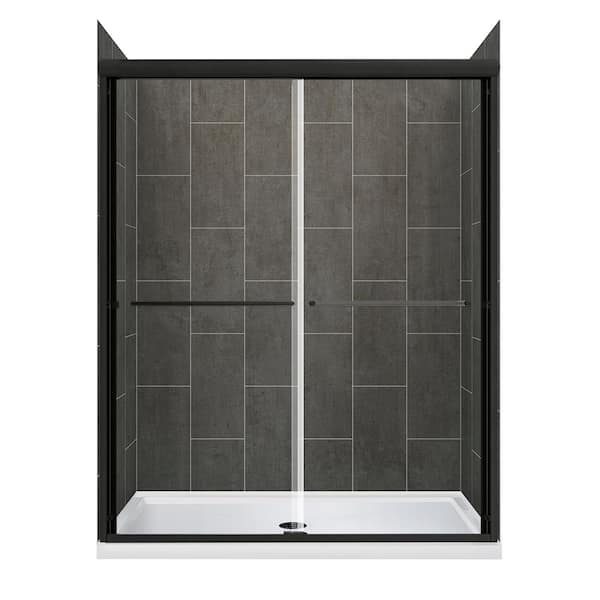 CRAFT + MAIN Cove Sliding 48 in. L x 34 in. W x 78 in. H Center Drain Alcove Shower Stall Kit in Slate Grey and Matte Black Hardware
