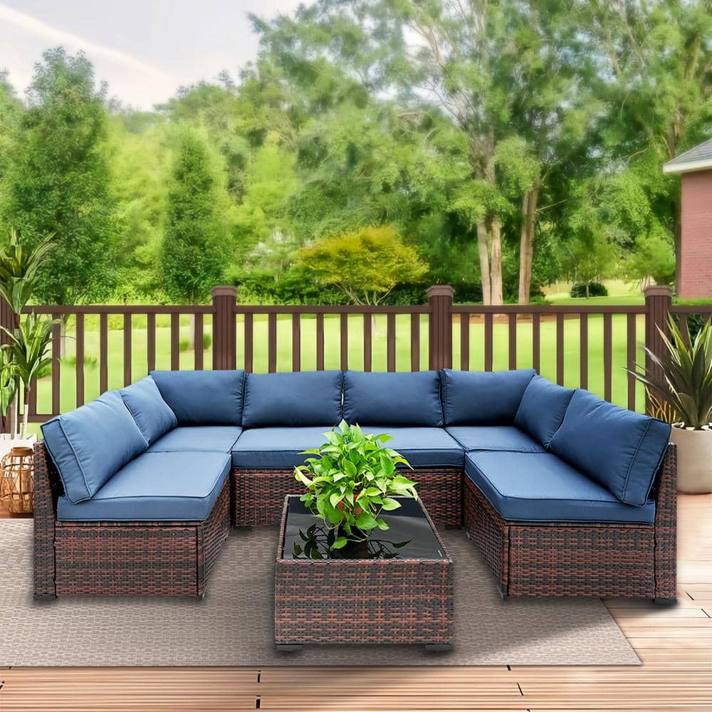 Decksplore 7 Piece Wicker Weather Resistant Outdoor Furniture Set with Dark Blue Thick Cushions and Coffee Table BSHSC7001SB3 The Home Depot