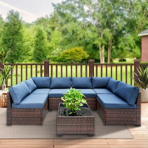 7-Piece Wicker Weather Resistant Outdoor Furniture Set with Dark Blue Thick Cushions and Coffee Table