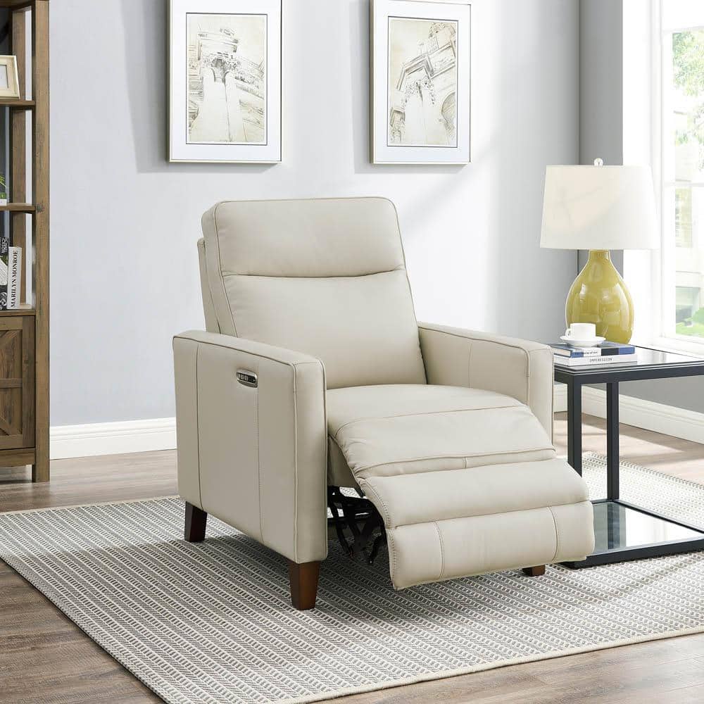 Vanilla White Leather Zero Gravity Recliner with Wood Frame