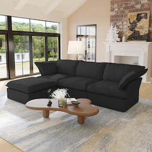 122 in. Flared Arm Linen 4-Piece L Shaped Modular Free Combination Sectional Sofa with Ottomans in Black