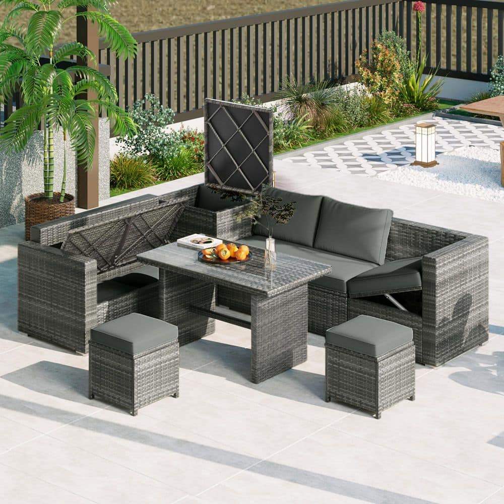 Gray 6-Piece Wicker All Weather Outdoor Sectional, Patio Dining Set with Ad