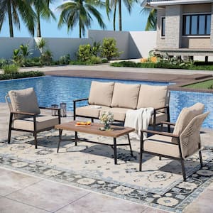 Black 4-Piece Metal Outdoor Patio Conversation Seating Set with Beige Cushions