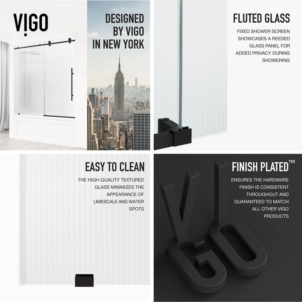 Elan E-Class 60" Matte Black Frameless Sliding Tub Door with Fluted Glass