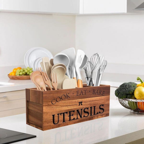Natural Acacia Wood Utensil Holder Organizer with 4 Compartments Removable Divider Farmhouse Kitchen Caddy