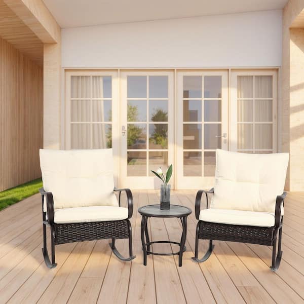 Unbranded 3Pcs Wicker Patio Conversation Set with White Cushions, Rocking Outdoor Bistro Set for Garden Balcony Backyard Poolside