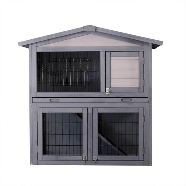 Tatayosi Wooden outdoor rabbit hutch with running cage removable tray ramp 2 story