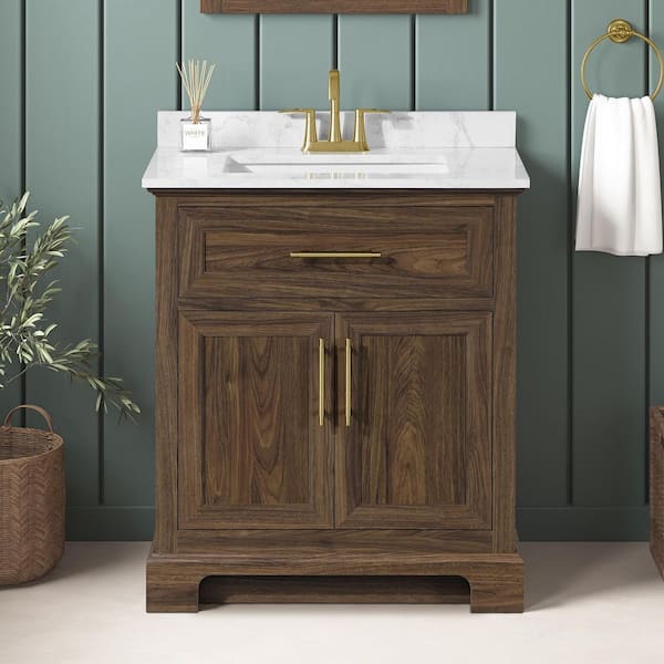 Doveton 30 in. Single Sink Dark Walnut Bath Vanity with White Engineered Marble Top (Assembled)