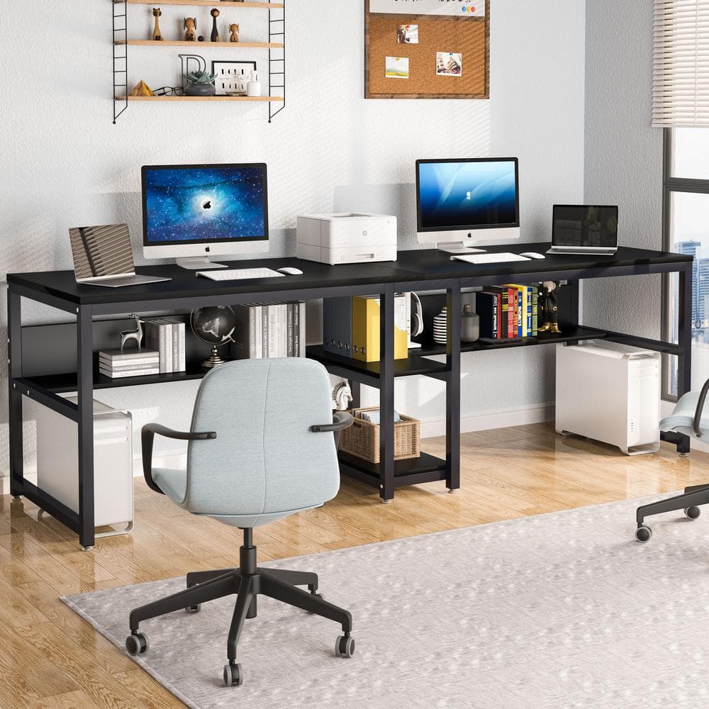 Black Double Workstation Desk with Shelves for Two