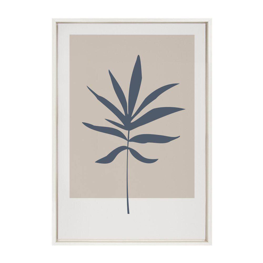 Muted Tan and Blue Colorblock Botanical Leaf Framed Canvas Wall Art, 23x33