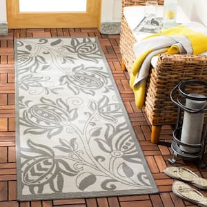 Courtyard Light Gray/Anthracite 2 ft. x 7 ft. Floral Indoor/Outdoor Patio  Runner Rug