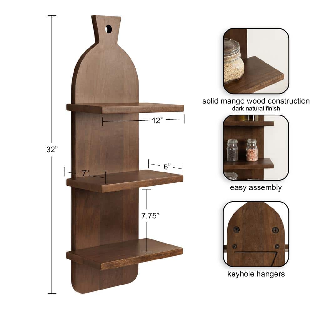 Natural Brown 3-Tier Mango Wood Floating Kitchen Wall Shelf
