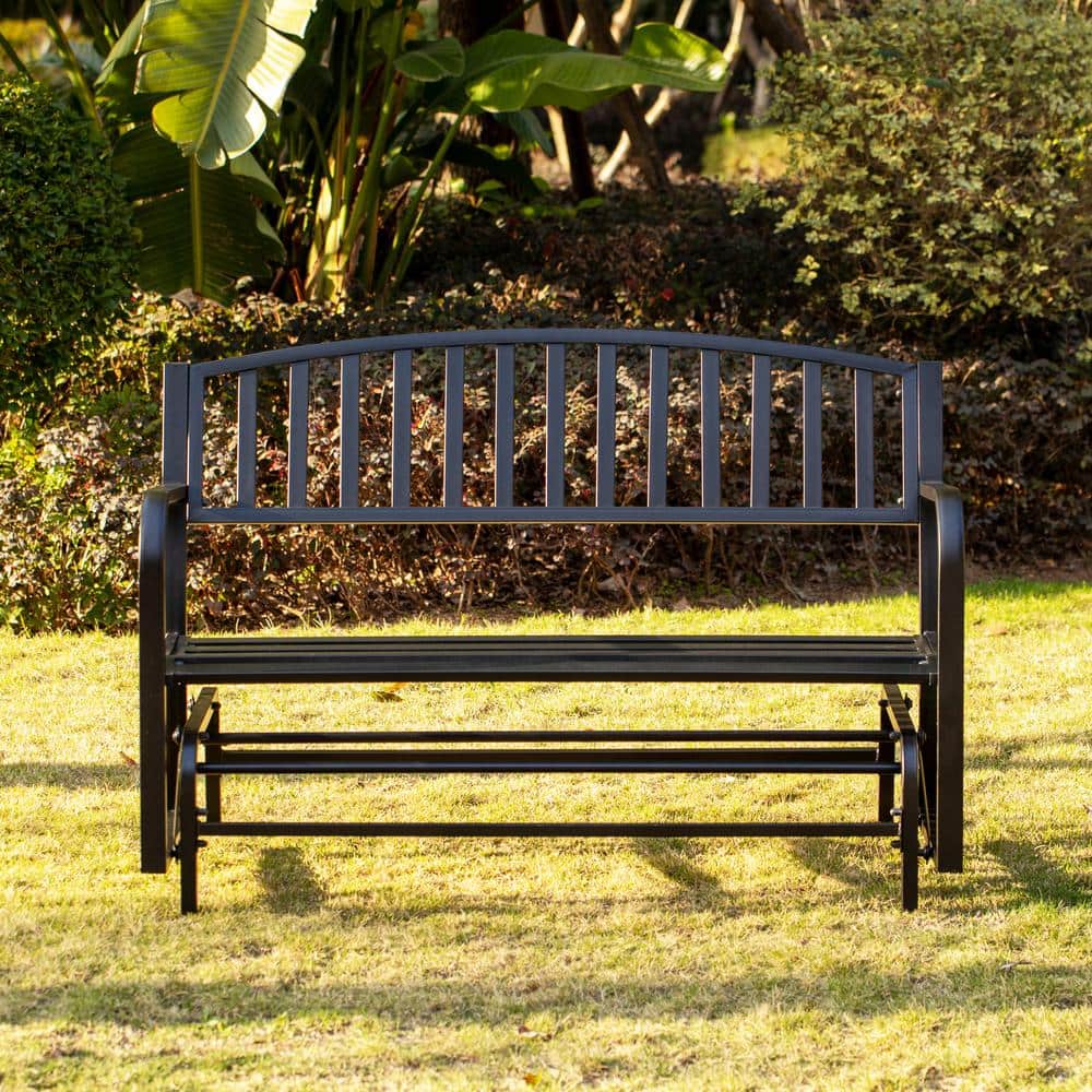 Black Powder-Coated Steel Outdoor Glider Bench with Curved Backrest