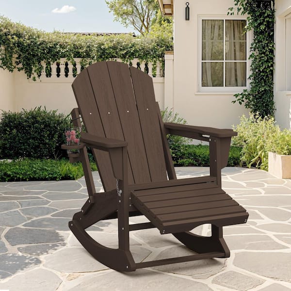 JEAREY Adirondack Plastic HDPE Folding Outdoor Rocking Chair with Retractable Ottoman and Cup Holder for Patios in Coffee