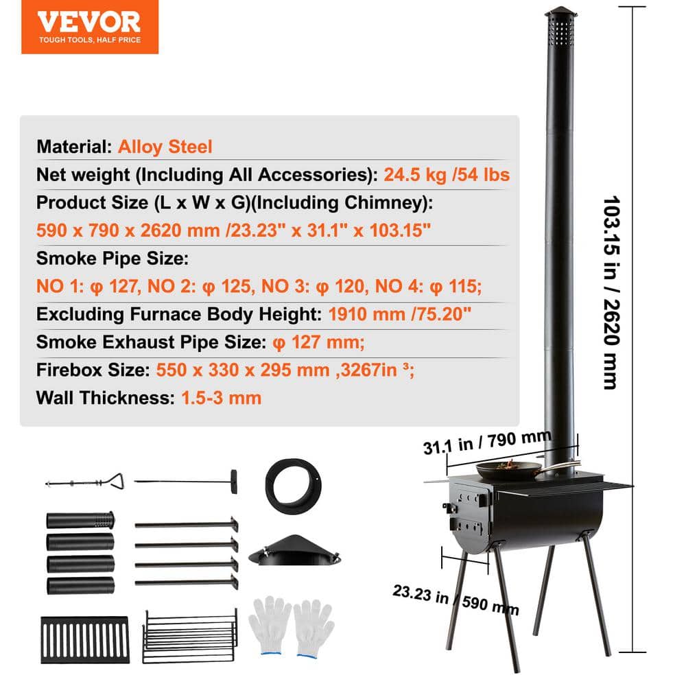 VEVOR Black Alloy Steel Portable Outdoor Wood Burning Stove with Shelves