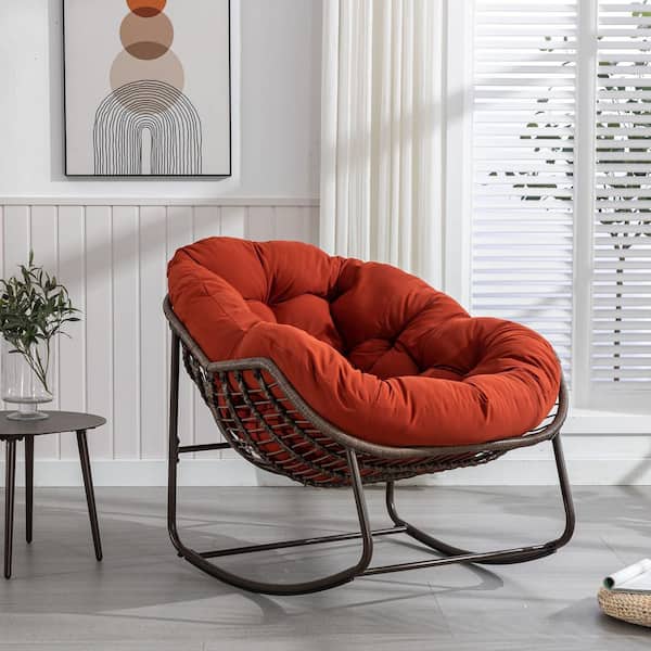 Rattan Metal Outdoor Rocking Chair with Orange Padded Cushion Lounge Chair for Front Porch, Patio, Garden, Living Room