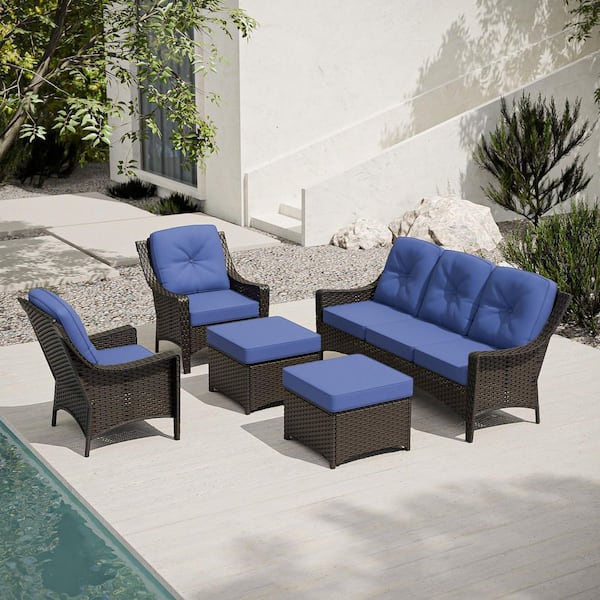Brown 5-Piece Wicker Patio Conversation Set with Lounge Chairs, Outdoor Sofa Seating Set with Olefin Blue Cushions