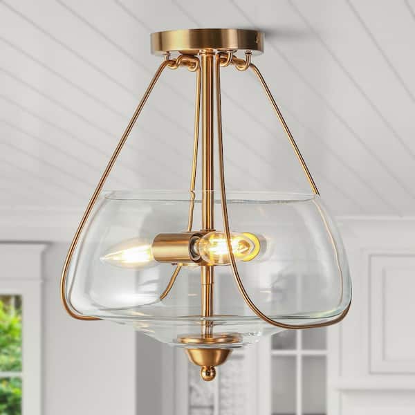 LNC Modern Brass 3-Light 11.8 in. Semi-Flush Mount Ceiling Light with Geometric Clear Glass Shade and Candlestick