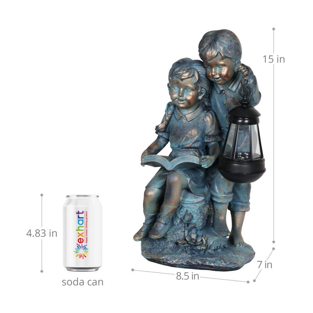 Solar Faux Bronze Girl and Boy Garden Statue with LED Lantern