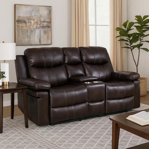 69 in. Pillow Top Arm Faux Leather Rectangle Loveseat Dual Recliners Sofa in Brown and Silver