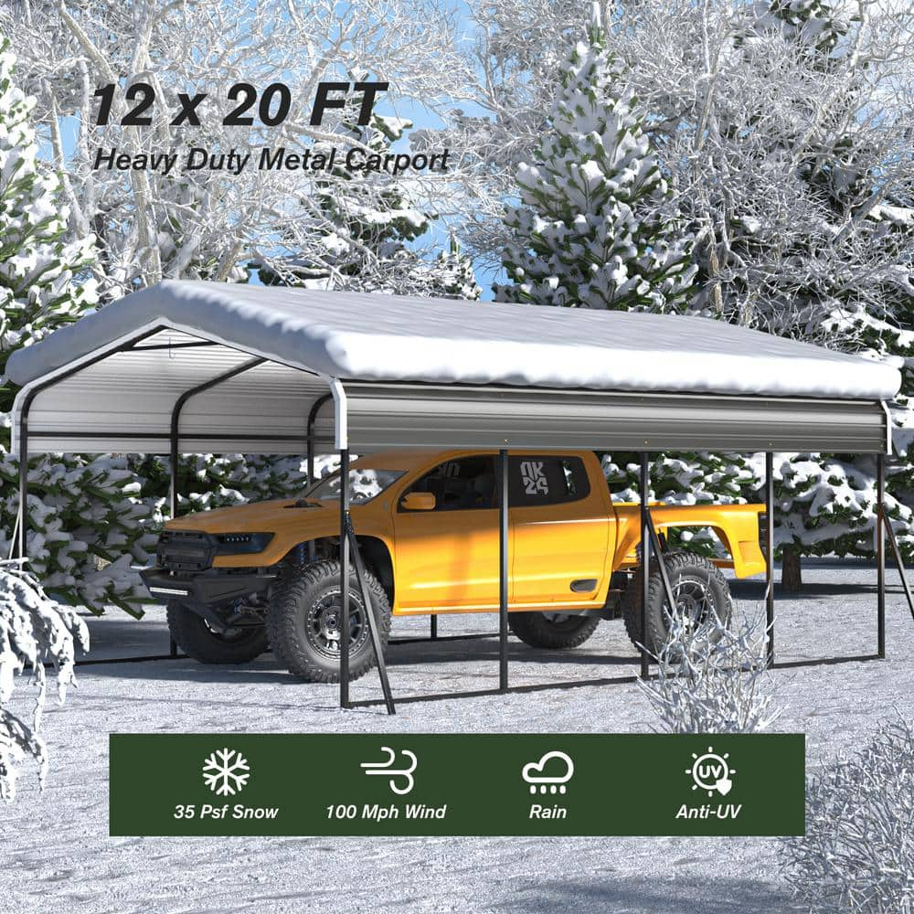 JAXPETY 12 ft. W x 20 ft. D x 8 ft. H Black Steel Carport Galvanized ...