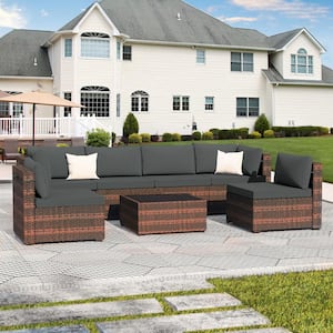 7-Piece Wicker Patio Conversation Sectional Seating Set with Dark Gray Cushions