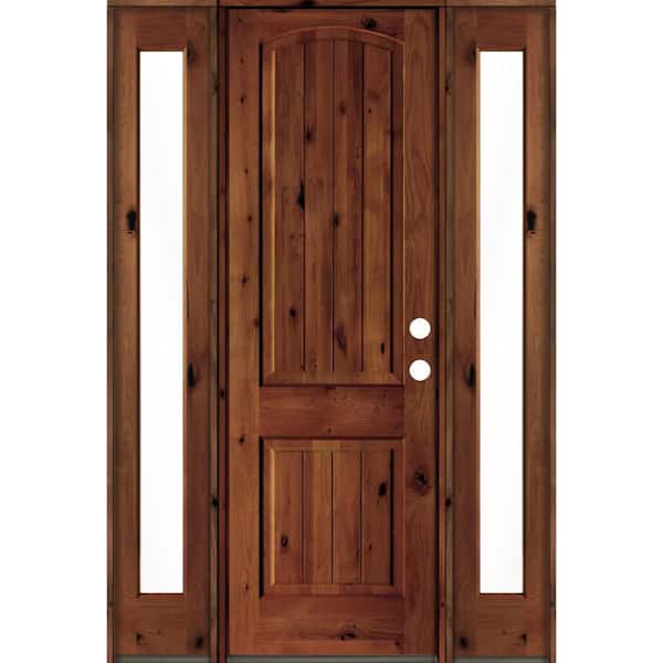 Krosswood Doors 58 in. x 96 in. Rustic Alder Arch Red Chestnut Stained Wood with V-Groove Left Hand Single Prehung Front Door