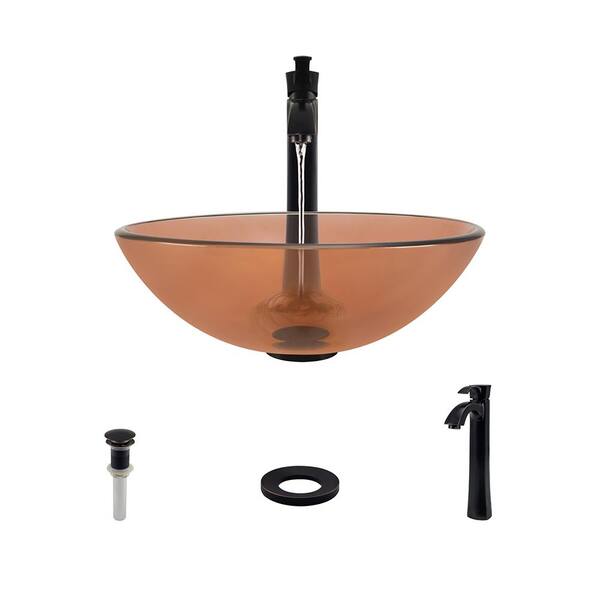 MR Direct Glass Vessel Sink in Coral with 726 Faucet and Pop-Up Drain in Antique Bronze