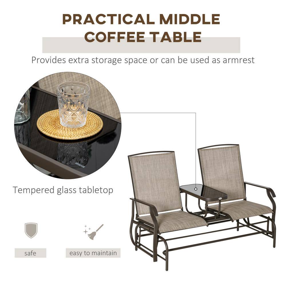 Brown Steel 2-Person Outdoor Glider Bench with Center Table