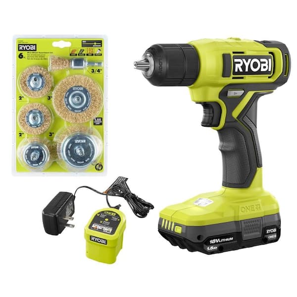 RYOBI ONE+ 18V Cordless 3/8 in. Drill/Driver Kit with 1.5 Ah Battery, Charger, and Wire Wheel Assortment Set (6-Piece)