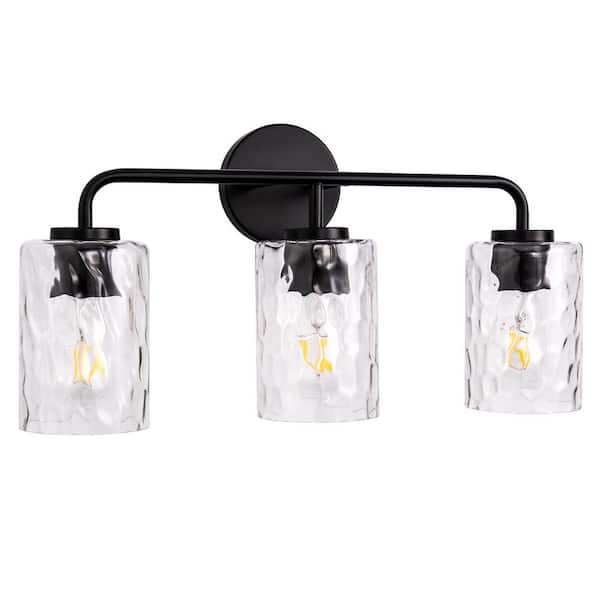 Emeritpro 20.9 in. 3 Light Black Vanity Light with Cylindrical Water-Pattern Glass Shades for Bathroom E26 Base