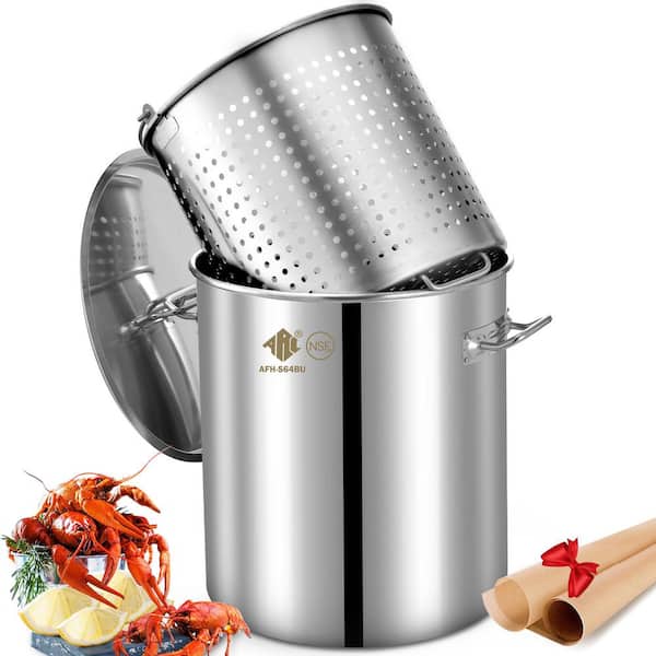 ARC 64 qz. Stainless Steel Seafood Boil Pot with Basket and 2-Brown Paper, Stock Pot with Strainer, Turkey Fryer