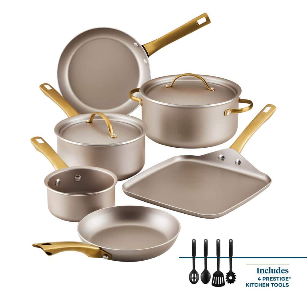Champagne Nonstick Aluminum Cookware Set with Gold Handles, 12 Piece