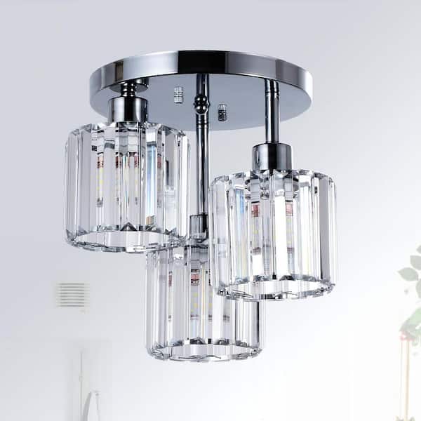 10.6 in. W 3-Light Silver Semi Flush Mount Ceiling with Clear Crystal Shades, E26, No Bulbs Included