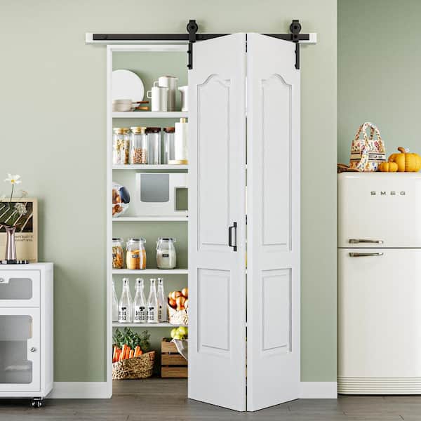 48 in. x 84 in. Paneled 2-Lite White Primed MDF Composite Bi-fold Sliding Barn Door with Hardware Kit and Handle