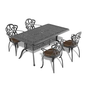 Lily Black 5-Piece Cast Aluminum Outdoor Dining Set with Rectangle Table and Dining Chairs with Random Color Cushion