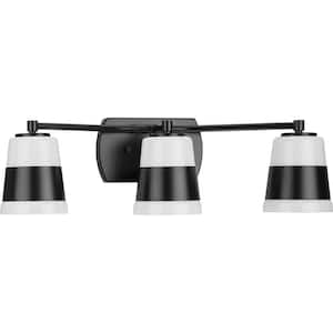 Haven Collection 24 in. 3-Light Matte Black Opal Glass Luxe Industrial Vanity Light