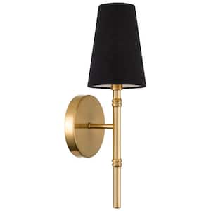 Torche II 5 in. 1-Light Cool Brass 60-Watt Transitional Wall Sconce with Black Shade, No Bulb Included