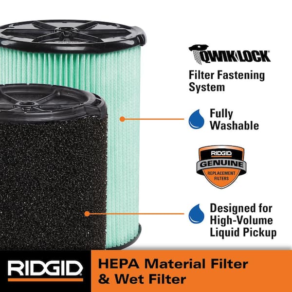 Genuine Pleated HEPA Material and Wet Foam Wet Dry Vac Filters for Most 5-16 Gal. RIDGID Shop Vacuums (2-Pack) VF6070