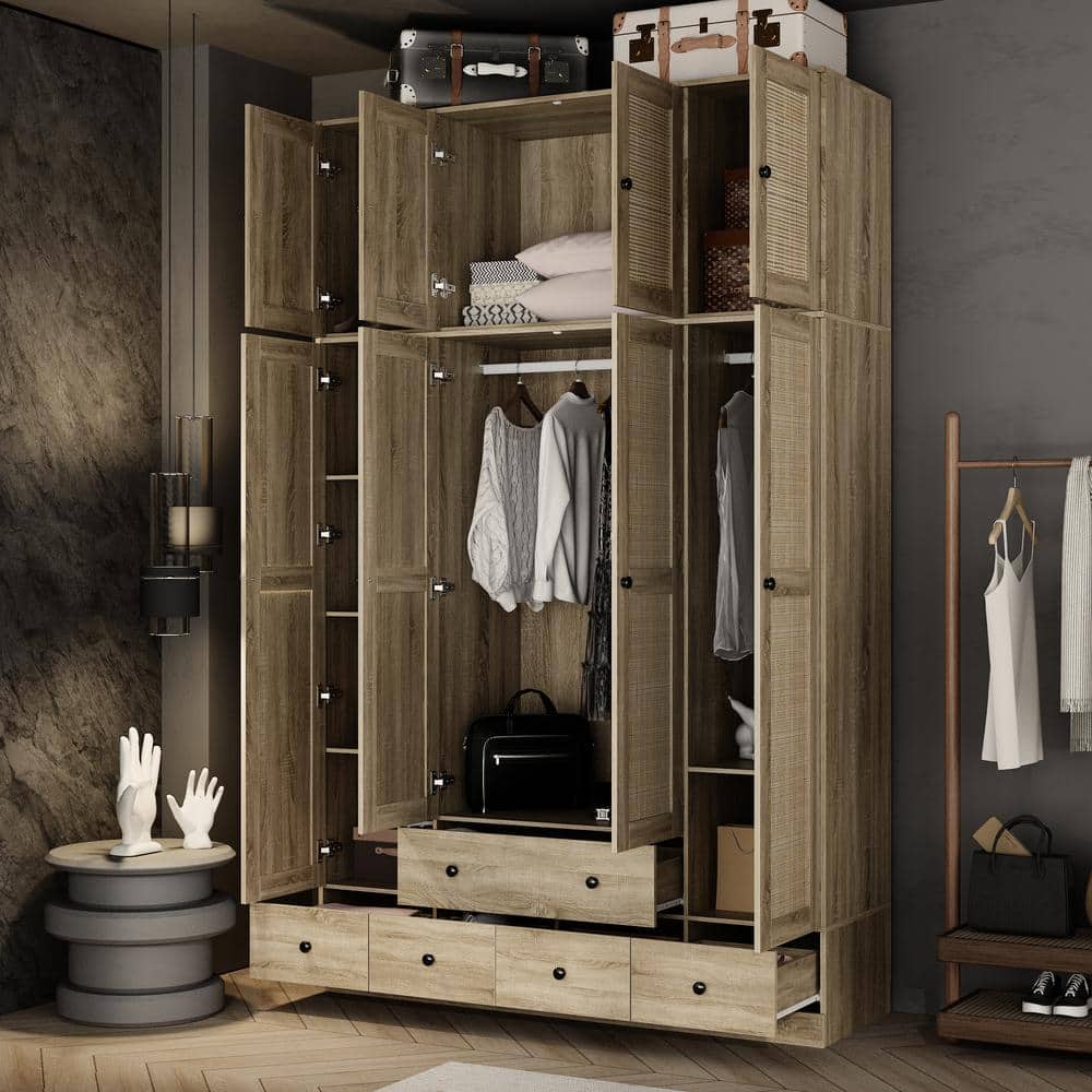 Brown Wood Grain 59 in. W Rattan Doors Wardrobe with 5-Drawers, 2-Hanging Rods, Top Cabinet (94.5 in. H x 18.8 in. D) - thumbnail 2