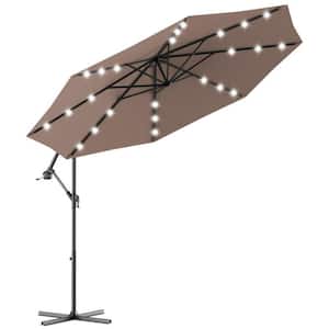 10 ft. Cantilever Patio Umbrella with Solar LED without Weighted Base in Brown