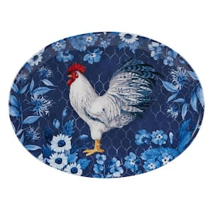 Indigo Rooster 16 in. Multicolored Earthenware Oval Platter