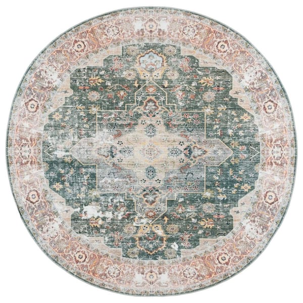 Arizona 4 ft. x 4 ft. Green/Light Brown Machine Washable Border Ornate Round Area Rug