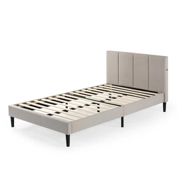 Zinus Maddon Beige Upholstered Twin Platform Bed Frame with USB Ports