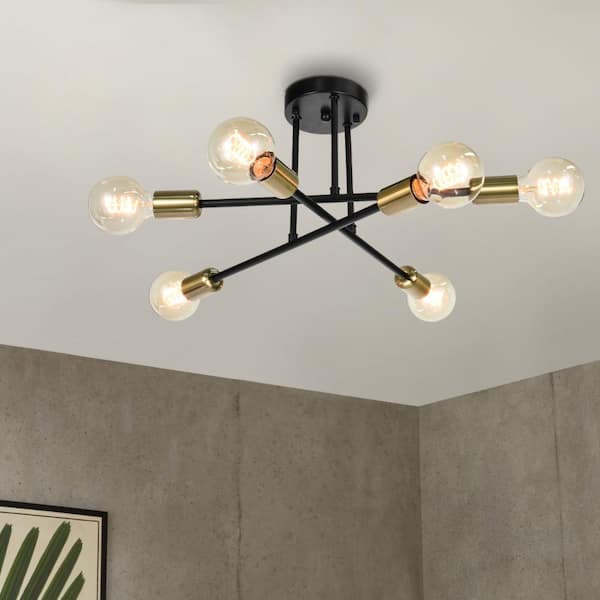 RRTYO Highlandville 23.62 in. 6-Light Black and Gold Sputnik Semi Flush Mount